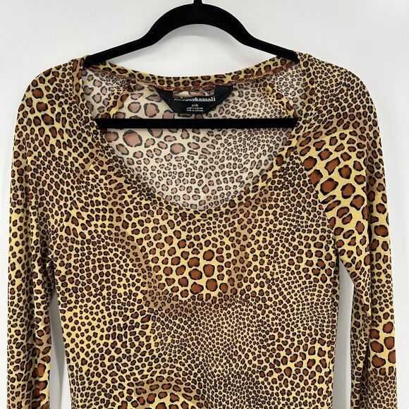 NORMA KAMALI Brown Yellow Leopard Print Scoop Neck Jersey Stretch Shirt Small - Picture 4 of 8